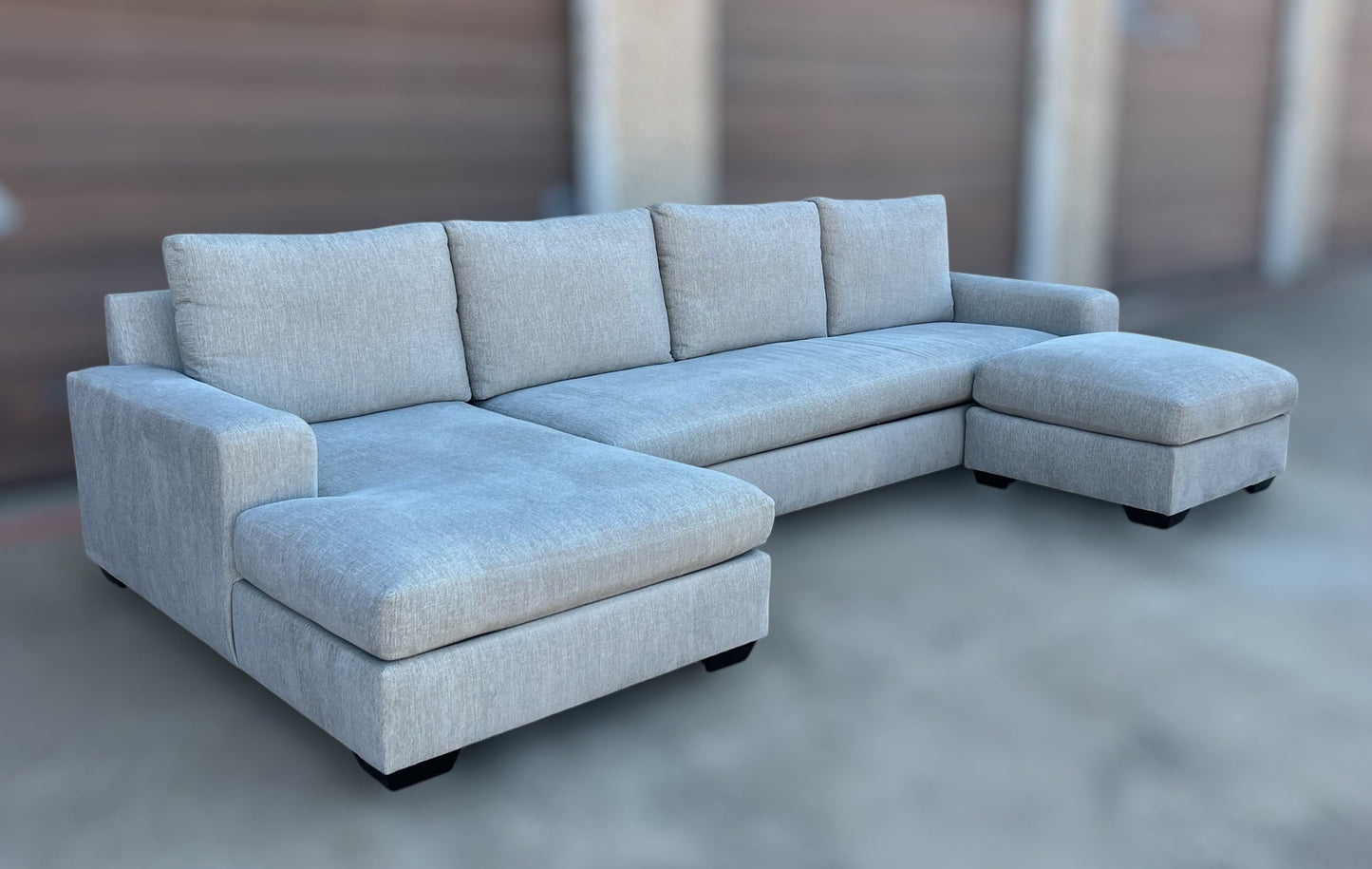 Pottery Barn Big Sur Square Arm Grand Sofa with Standard Chaise + Matching Floater Ottoman – Chenille Basket Weave Pebble