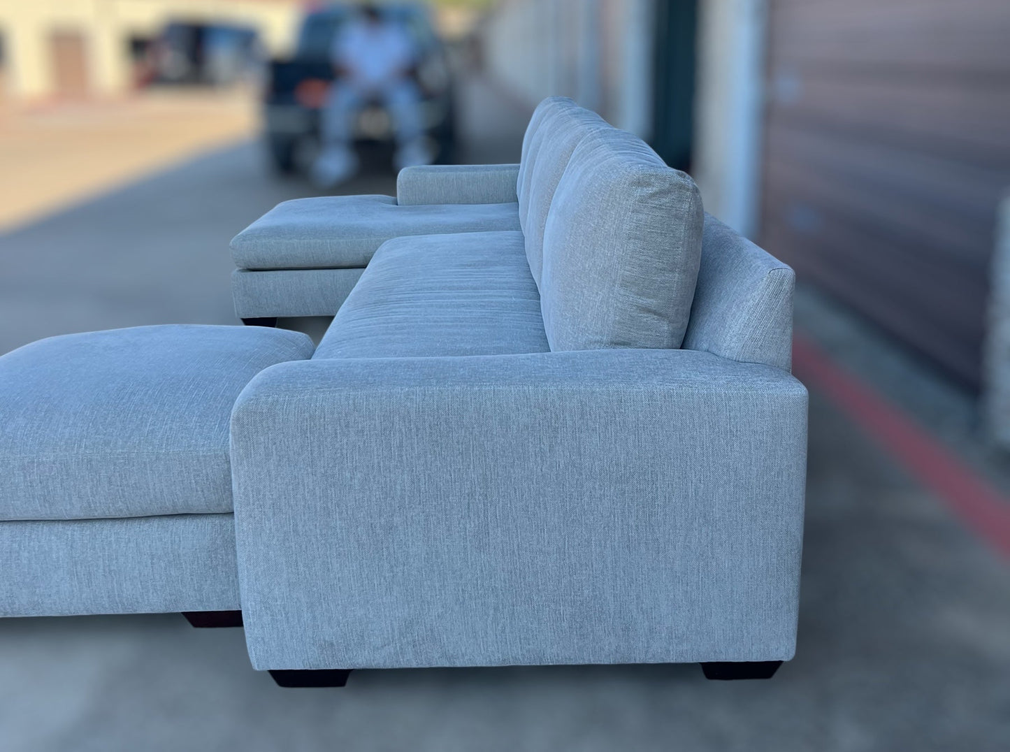 Pottery Barn Big Sur Square Arm Grand Sofa with Standard Chaise + Matching Floater Ottoman – Chenille Basket Weave Pebble