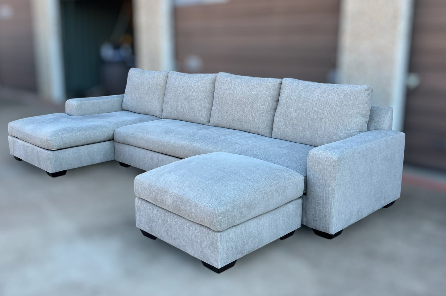Pottery Barn Big Sur Square Arm Grand Sofa with Standard Chaise + Matching Floater Ottoman – Chenille Basket Weave Pebble