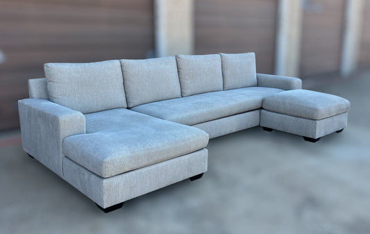 Pottery Barn Big Sur Square Arm Grand Sofa with Standard Chaise + Matching Floater Ottoman – Chenille Basket Weave Pebble
