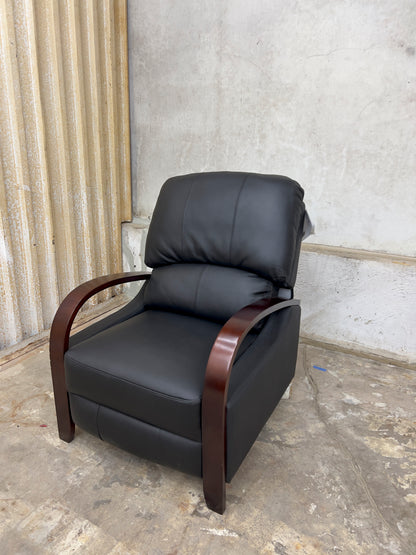 Black Genuine Leather Recliner with Wooden Armrests.