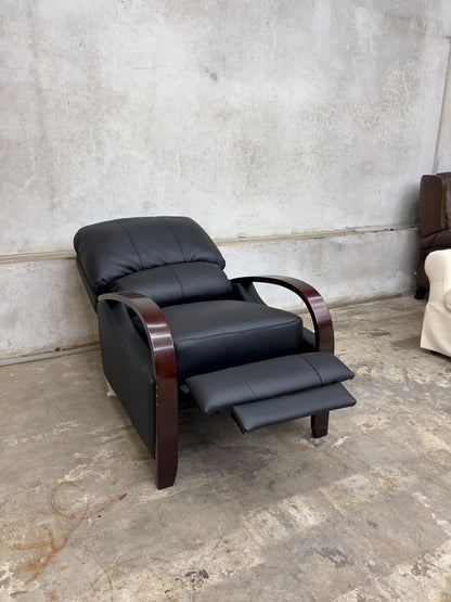 Black Genuine Leather Recliner with Wooden Armrests.