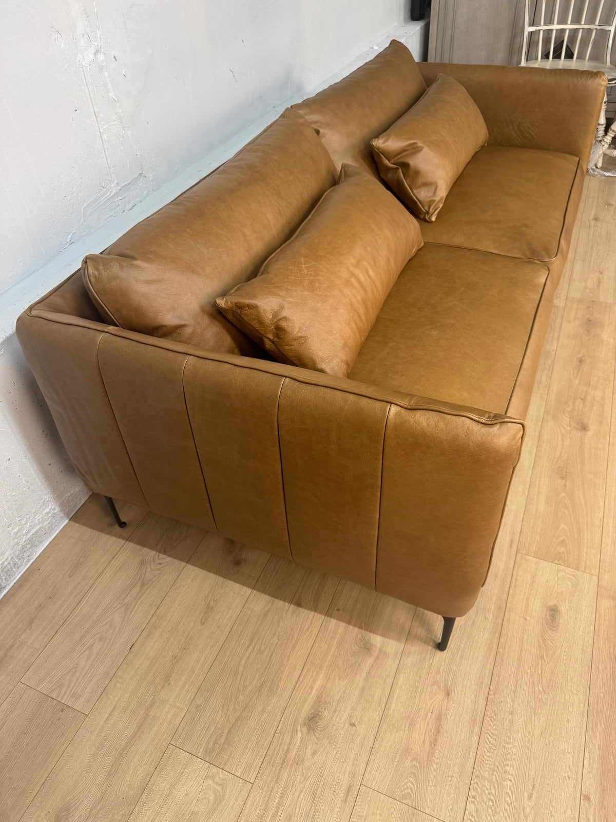 AllModern Rae 84" Top Grain Leather Sofa – Marseille Brown, Metal Legs – Brand New in Box