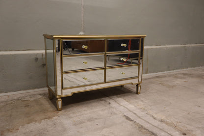 6 Drawer Double Dresser features a mirrored finish with gold trim.