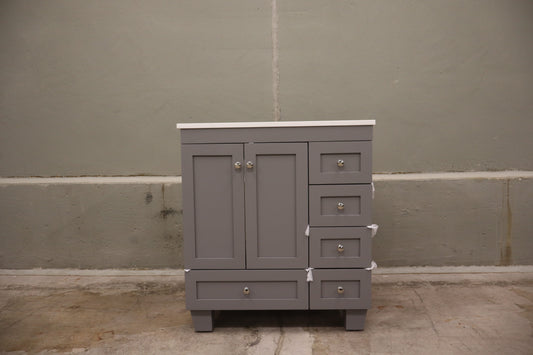 30-inch Gray Bathroom Vanity with a Carrara Quartz Countertop and Undermount Porcelain Sink.