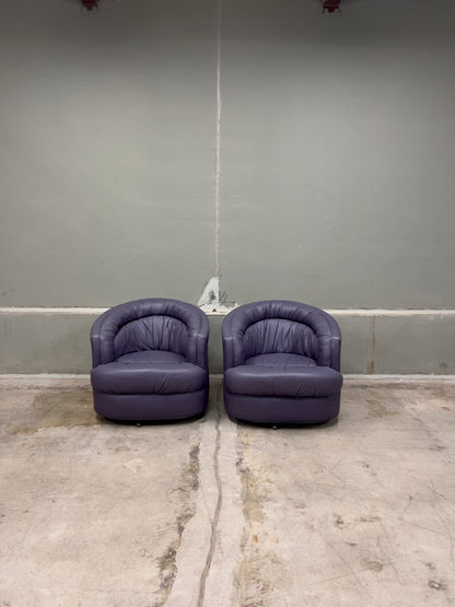 Rowe Emmerson Leather Swivel Barrel Chairs – Set of 2, Mauve/Purple – Used