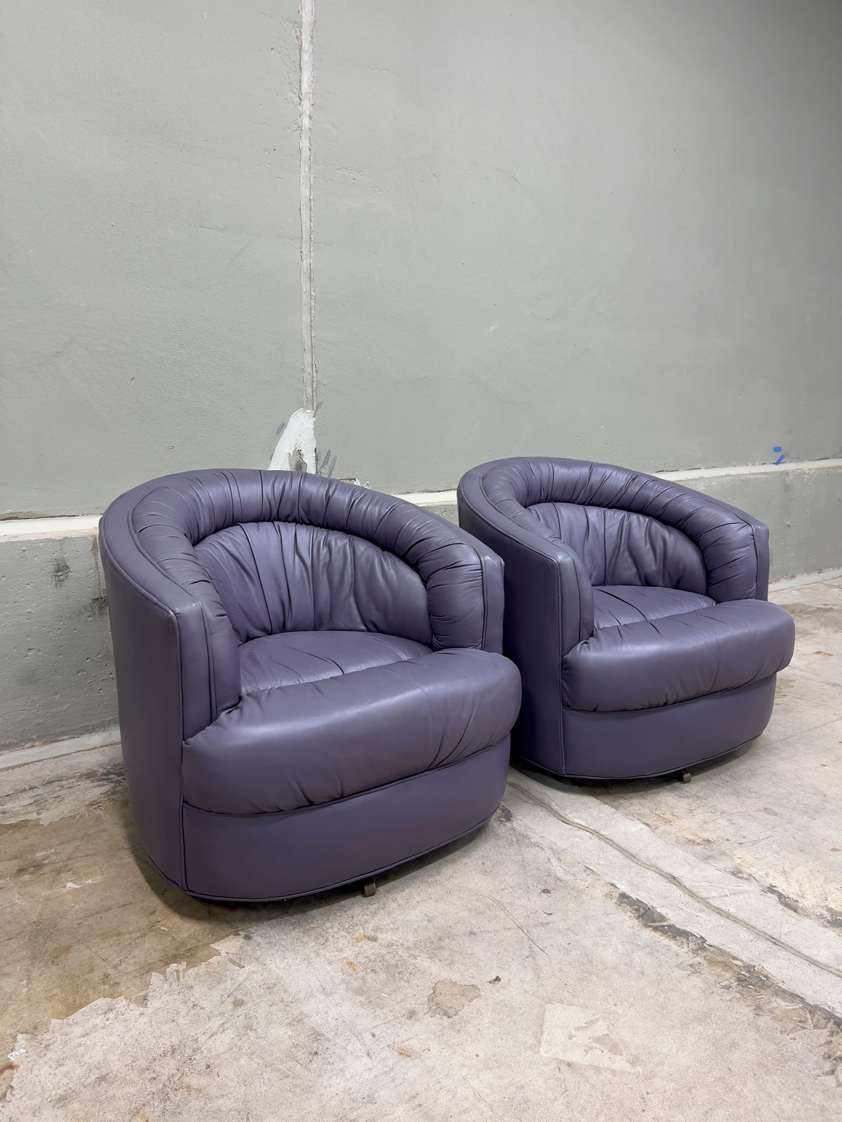 Rowe Emmerson Leather Swivel Barrel Chairs – Set of 2, Mauve/Purple – Used