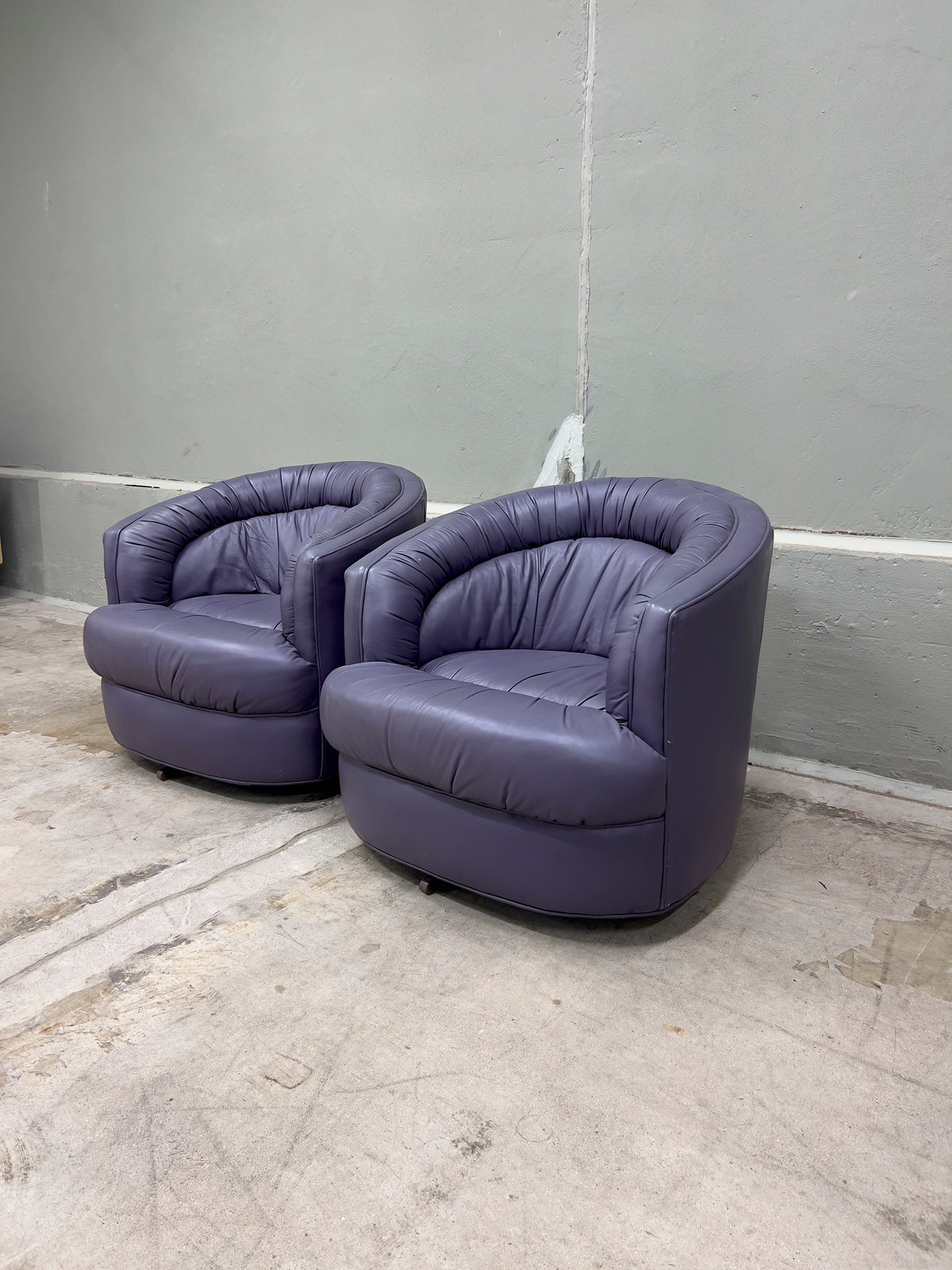 Rowe Emmerson Leather Swivel Barrel Chairs – Set of 2, Mauve/Purple – Used