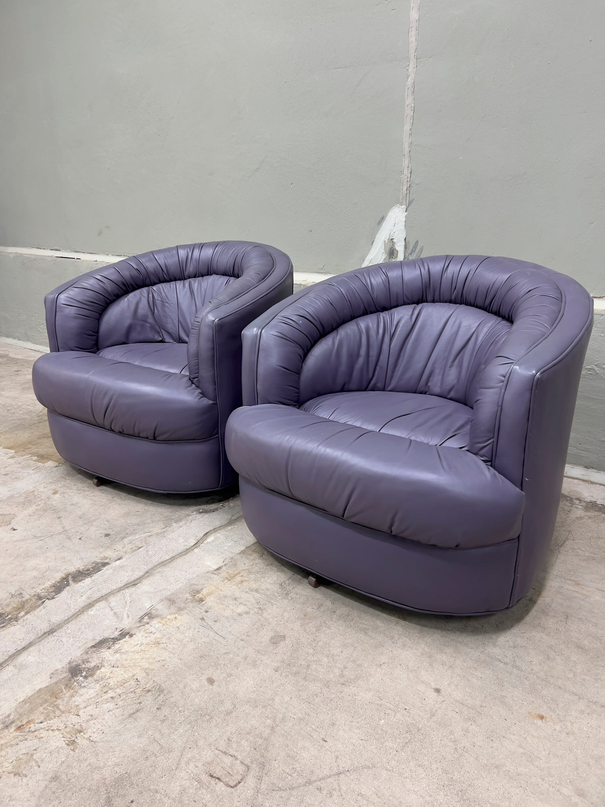 Rowe Emmerson Leather Swivel Barrel Chairs – Set of 2, Mauve/Purple – Used