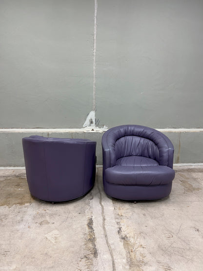 Rowe Emmerson Leather Swivel Barrel Chairs – Set of 2, Mauve/Purple – Used