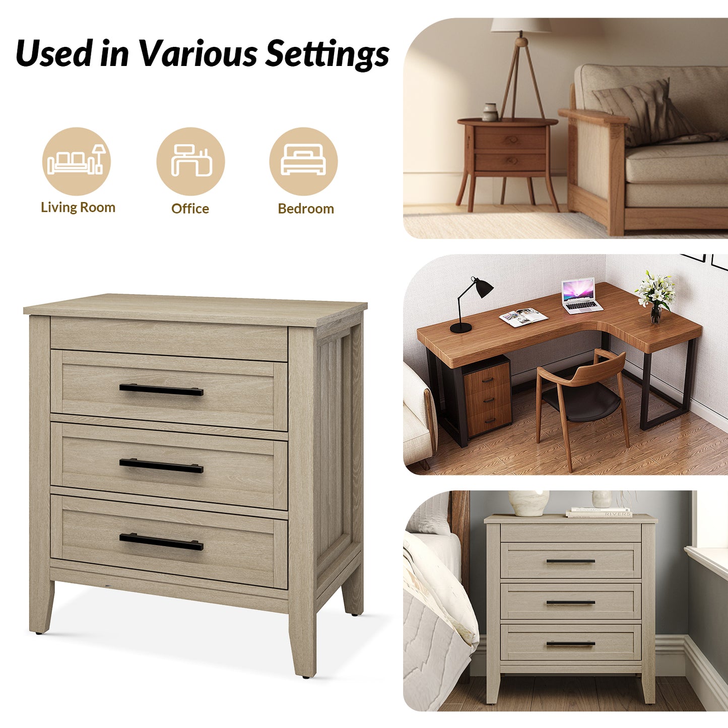 Joachim 3 Drawer Nightstand-OAK