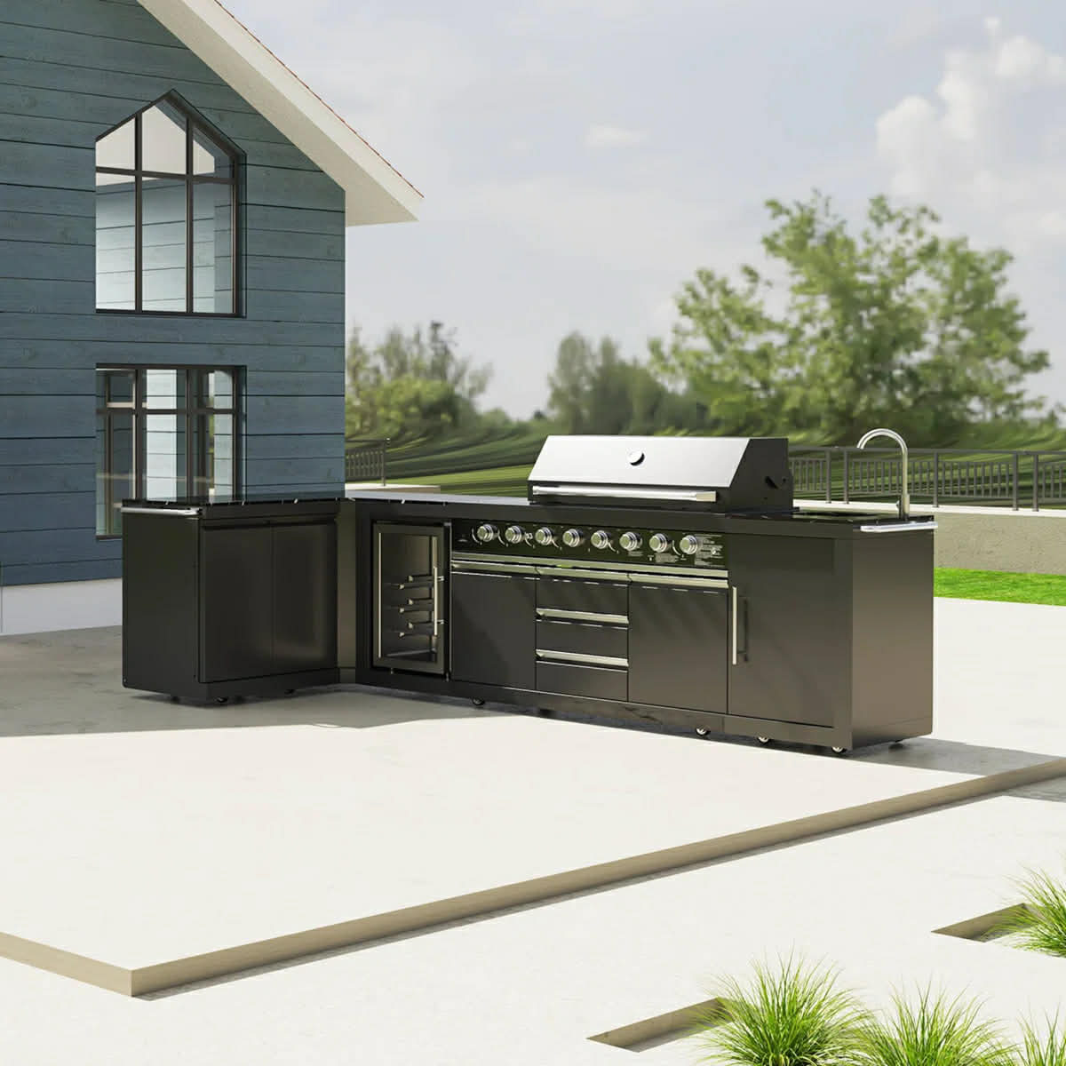 Akoah 5-Piece Modular Outdoor Kitchen Island Set with 8-Burner Grill, Fridge & Wheels